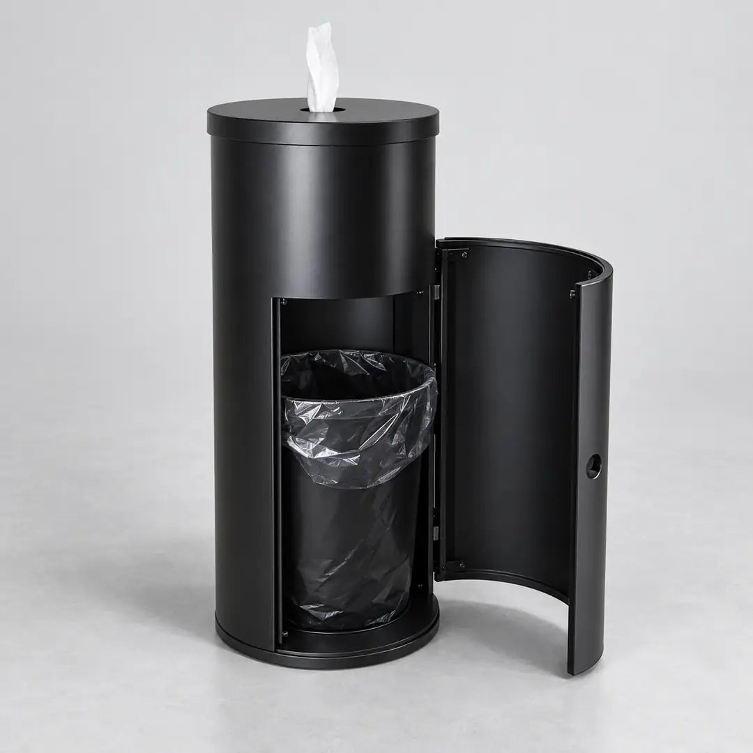 Black Standing Wipe Dispenser, 36in with Trash Bin